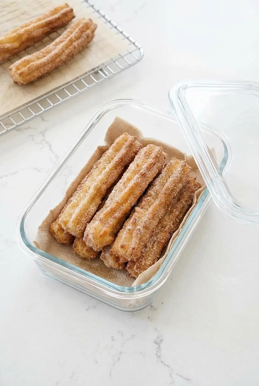 Cooled keto churros stored in a paper towel-lined glass container on a bright kitchen counter.