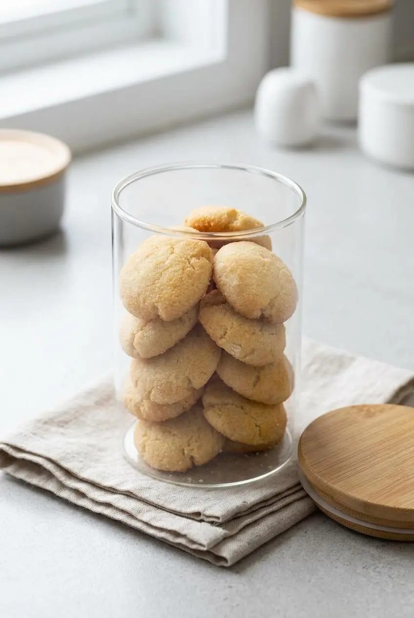 Baked keto coconut flour cookies stacked inside an open glass airtight jar with a bamboo lid.