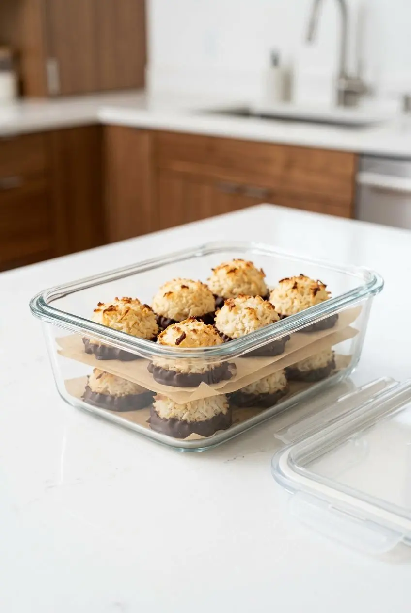Chilled keto coconut macaroons layered with parchment paper in a glass airtight storage container.