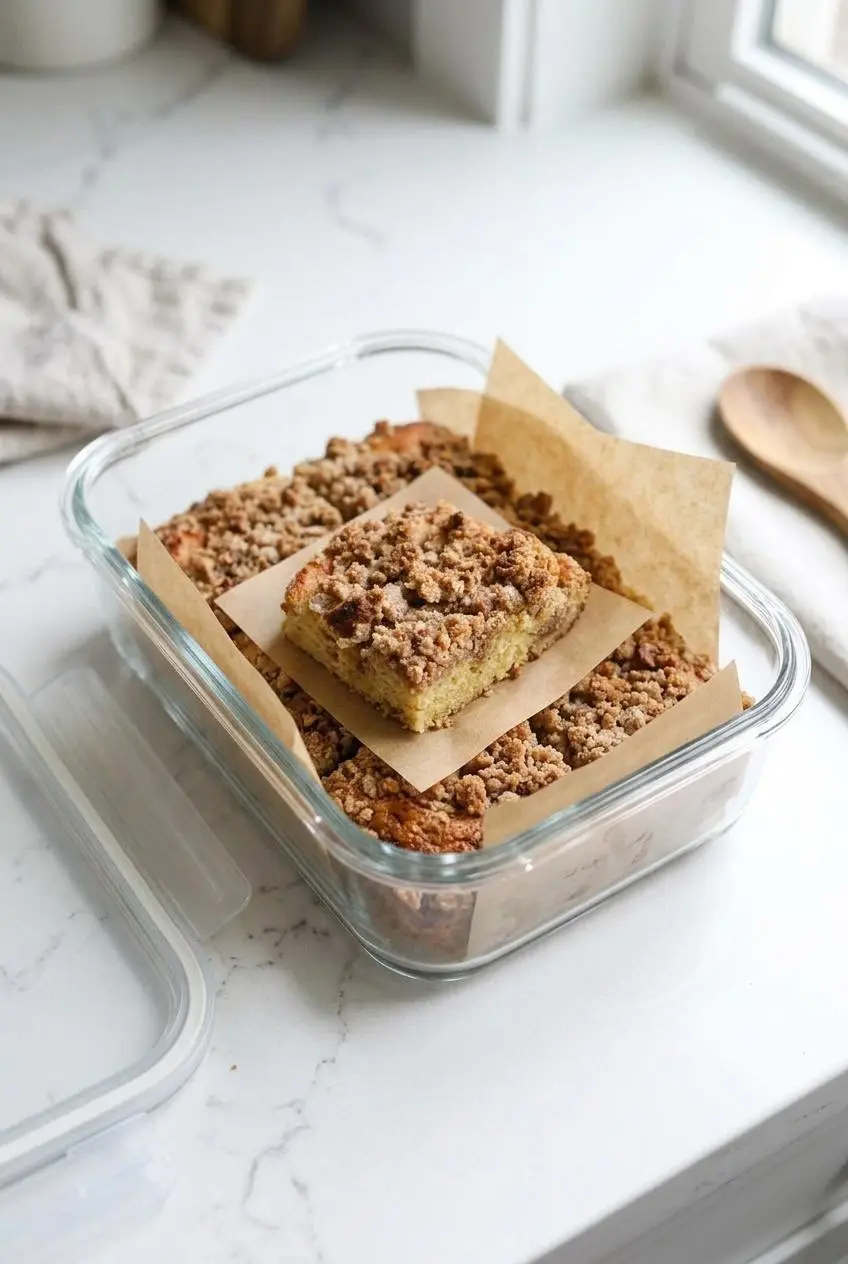 Individual slices of keto coffee cake layered with parchment paper inside a clear glass container.