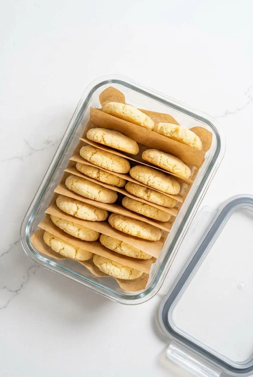 Keto cream cheese cookies layered with parchment paper in a glass storage container on a white counter.