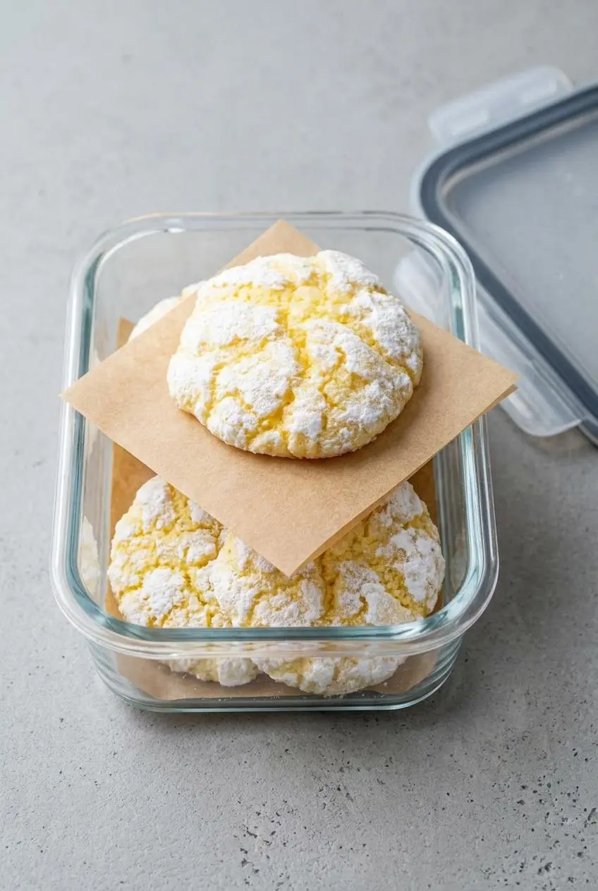 Glass container holding layers of lemon crinkle cookies separated by parchment paper.