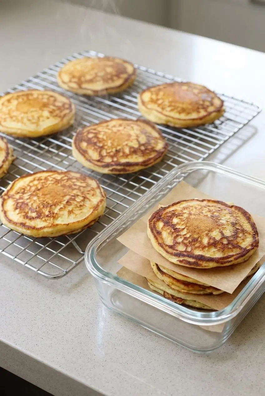 Pancakes cooling on a wire rack and stacked between parchment paper in a glass dish.