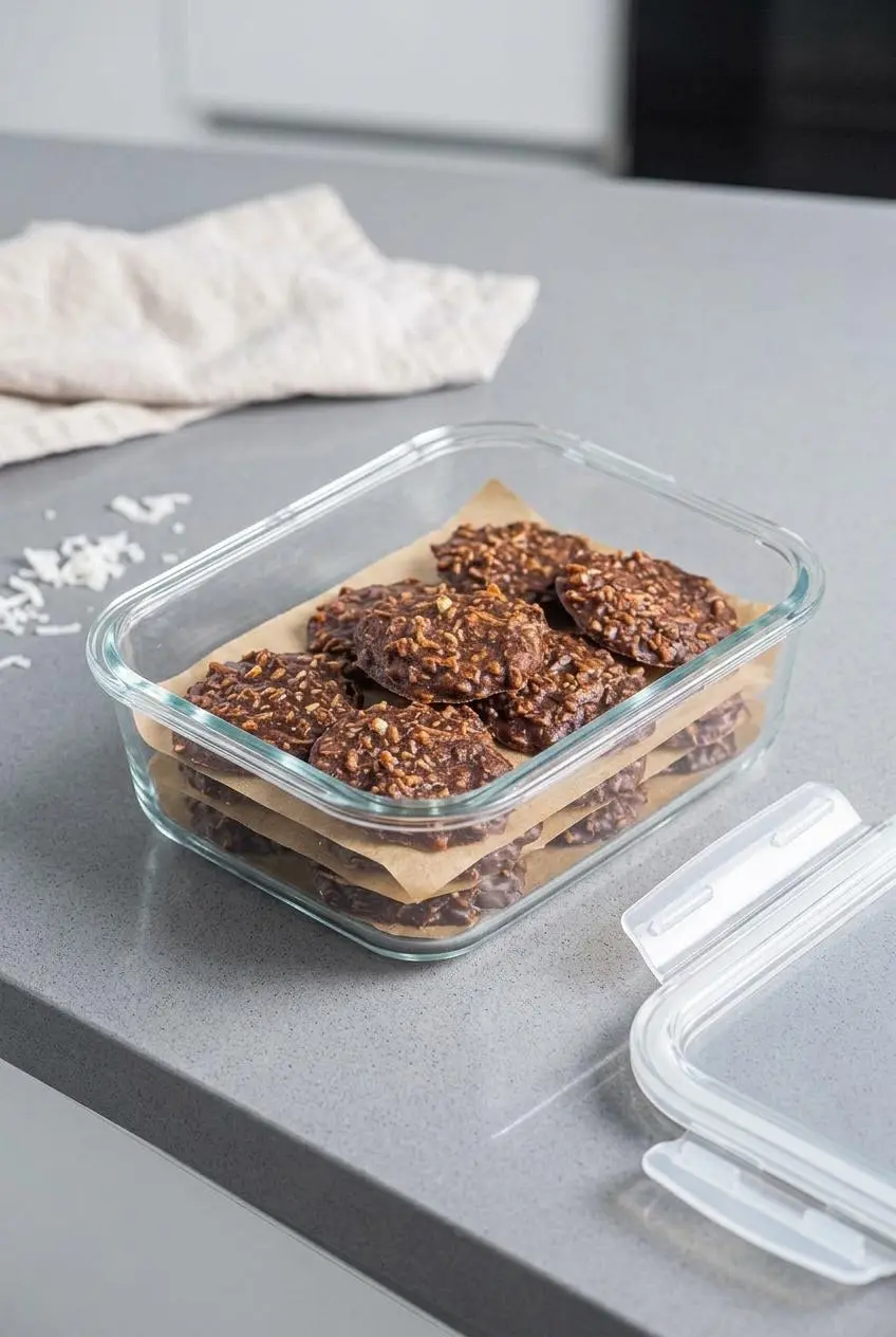 Chilled keto no bake cookies layered between parchment paper sheets inside an airtight glass container