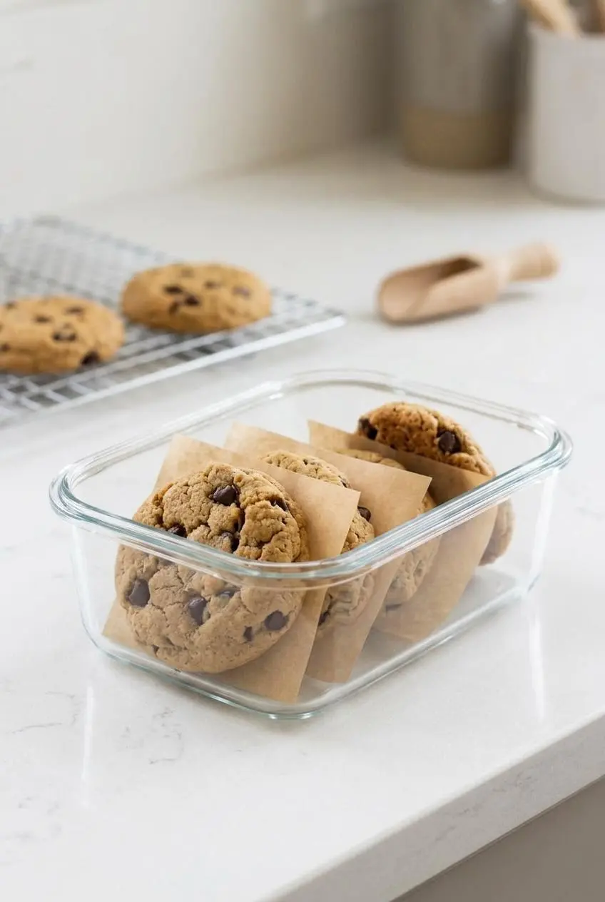 Keto peanut butter chocolate cookies layered with parchment paper in a clear glass storage container.