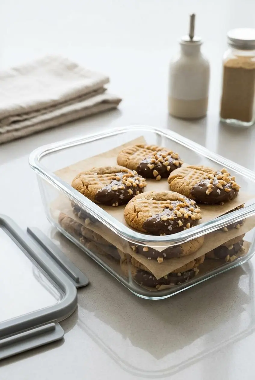 Keto peanut butter cookies layered between parchment paper in a glass airtight storage container.