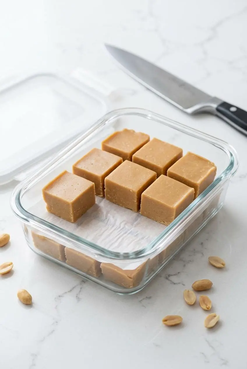 Peanut butter fudge squares layered between sheets of waxed paper inside a clear glass meal prep container.