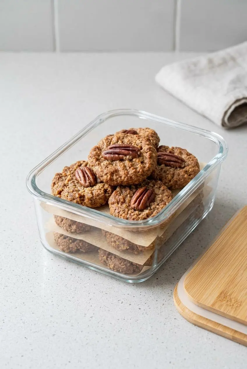Keto pecan cookies stacked between parchment paper sheets inside an airtight glass container.