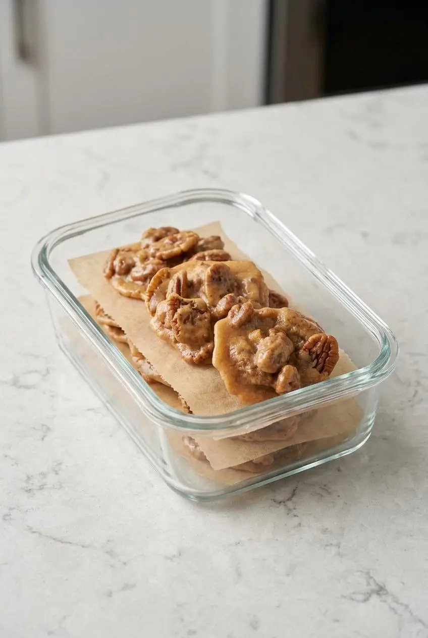 Keto pecan pralines neatly layered between parchment paper sheets inside a clear glass container.