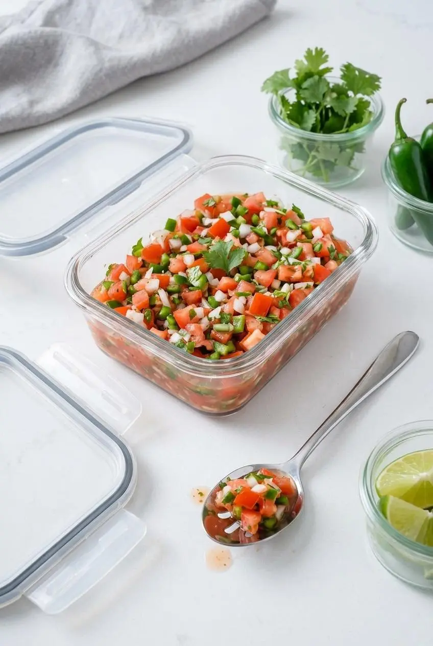 Fresh keto pico de gallo stored in an airtight glass container with a stainless steel slotted spoon.