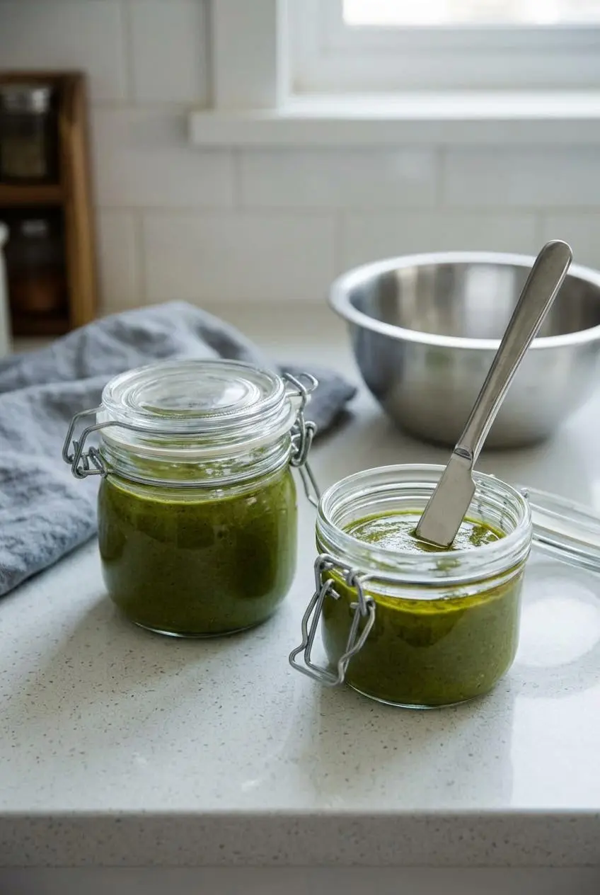 Glass preservation jars filled with green pistachio butter on a kitchen counter showing slight oil rise.