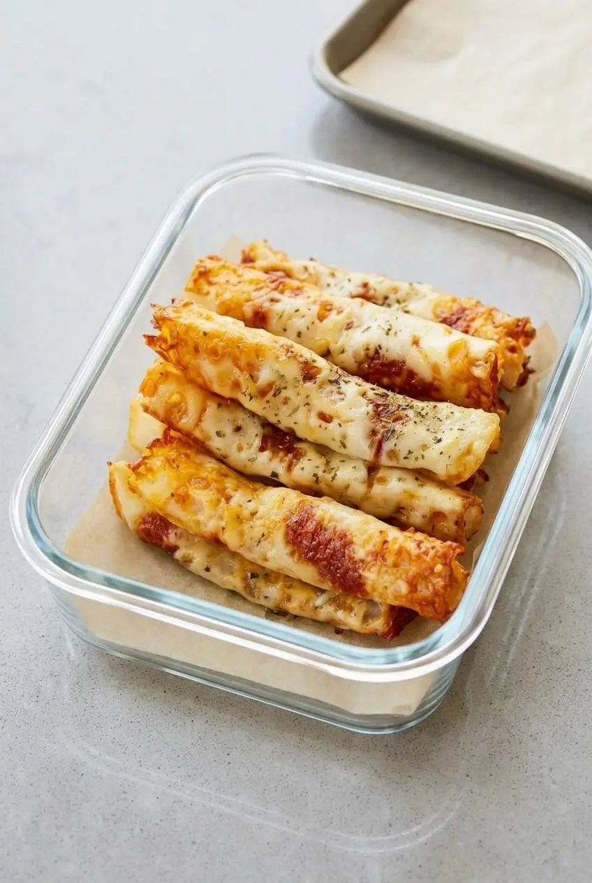Keto pizza roll ups arranged in a single layer inside a parchment-lined glass meal prep container.