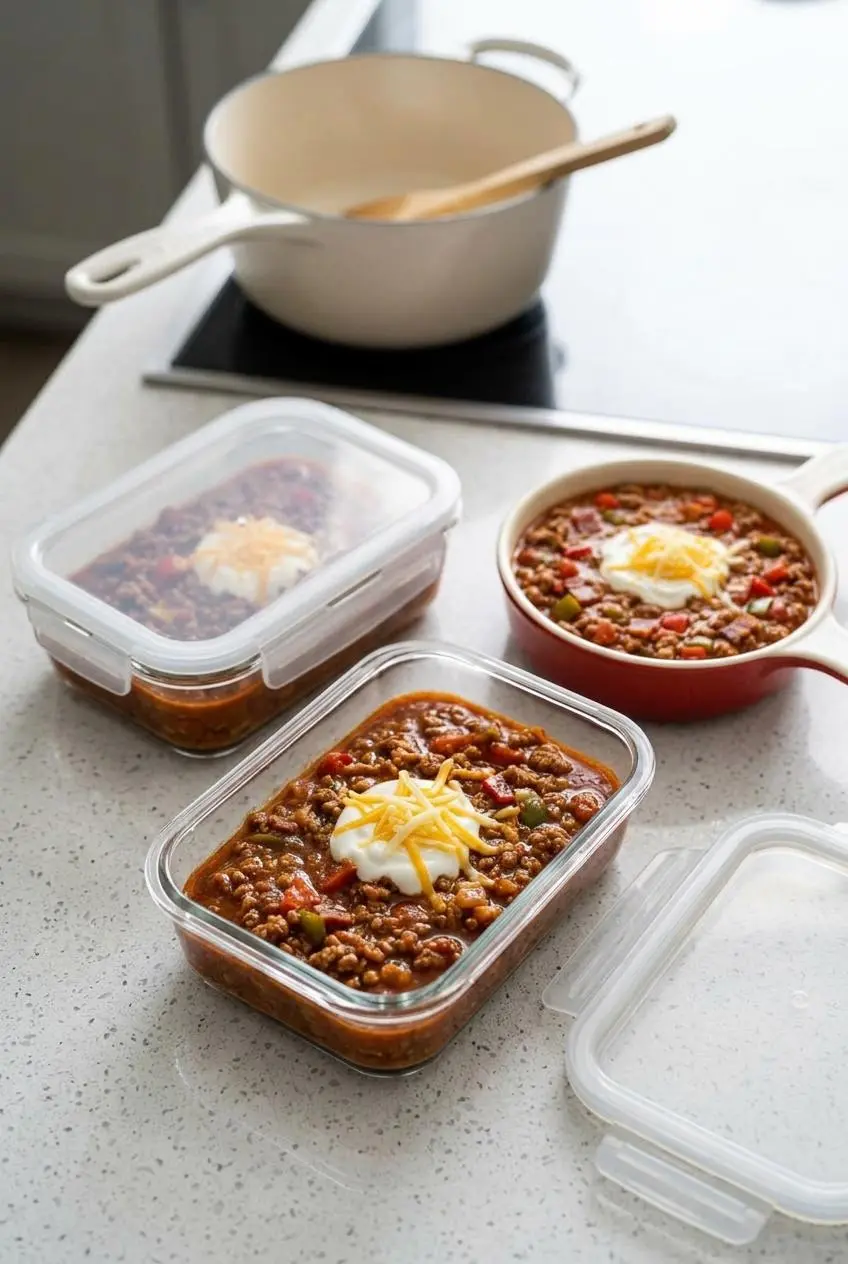 Airtight glass meal prep containers filled with portions of keto pumpkin chili for storage.