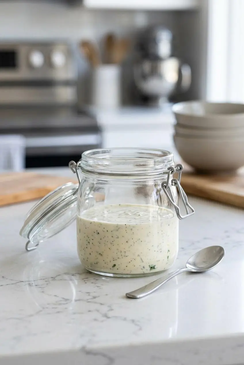 Keto ranch dressing stored in a sealed glass clamp jar on a quartz counter.
