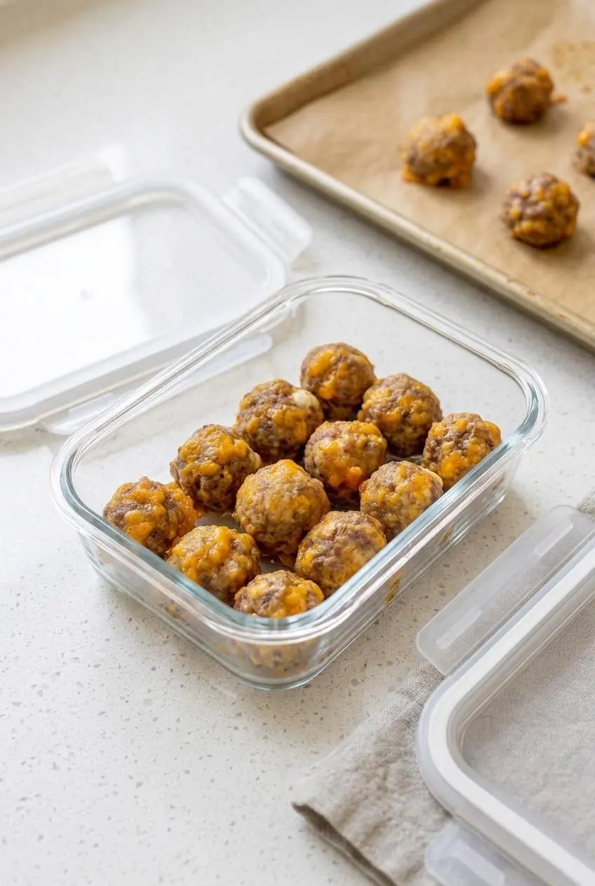 Cooled keto sausage balls arranged in a clear glass meal prep container with the lid beside it.
