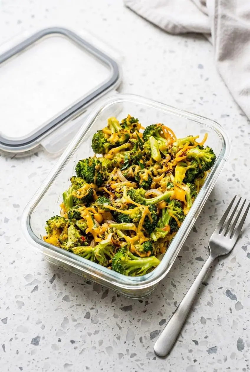 Cooked cheesy broccoli stored in a glass meal prep container on a kitchen counter.