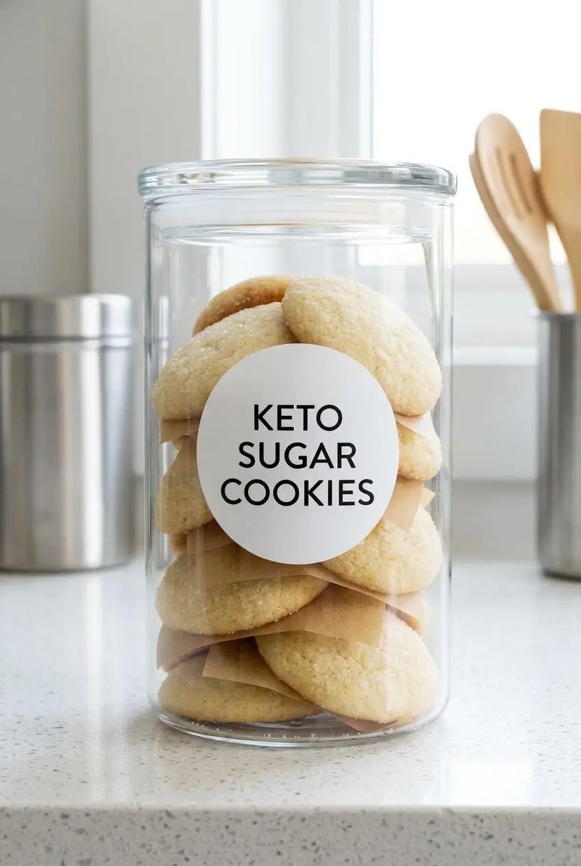 Cooled keto sugar cookies stacked between parchment squares in a clear airtight glass storage jar