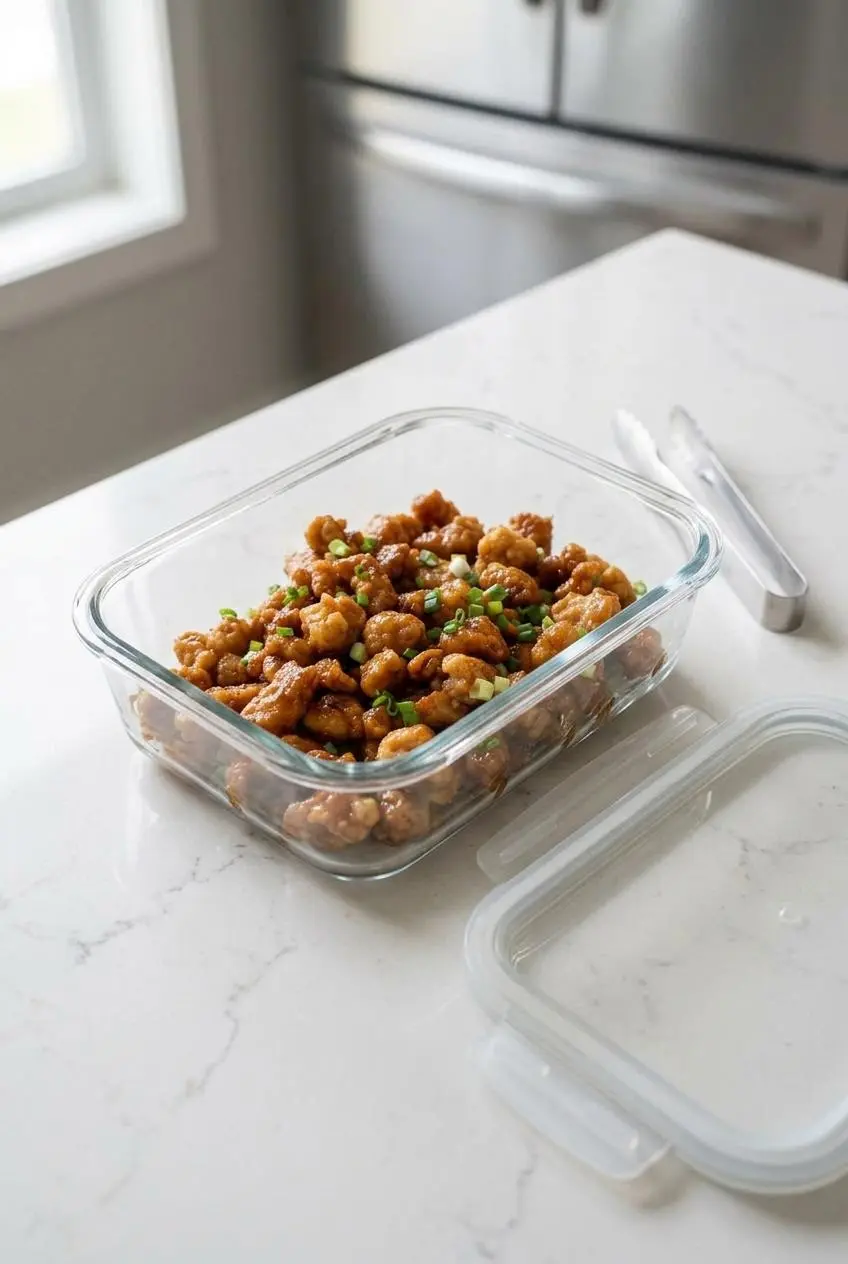 Glazed sweet and sour chicken pieces stored in a single layer in a glass meal prep container.