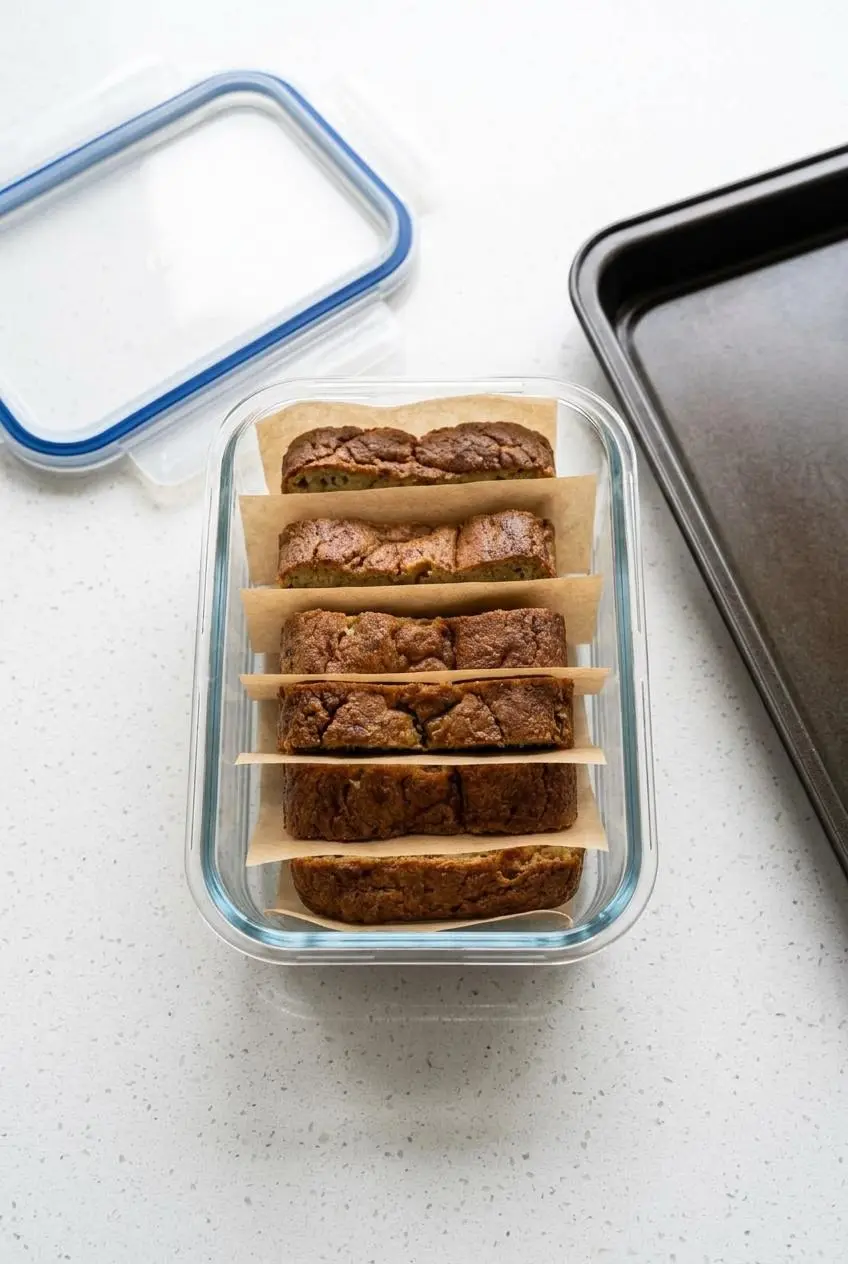 Slices of keto zucchini banana bread separated by parchment paper sheets inside an airtight glass storage container.