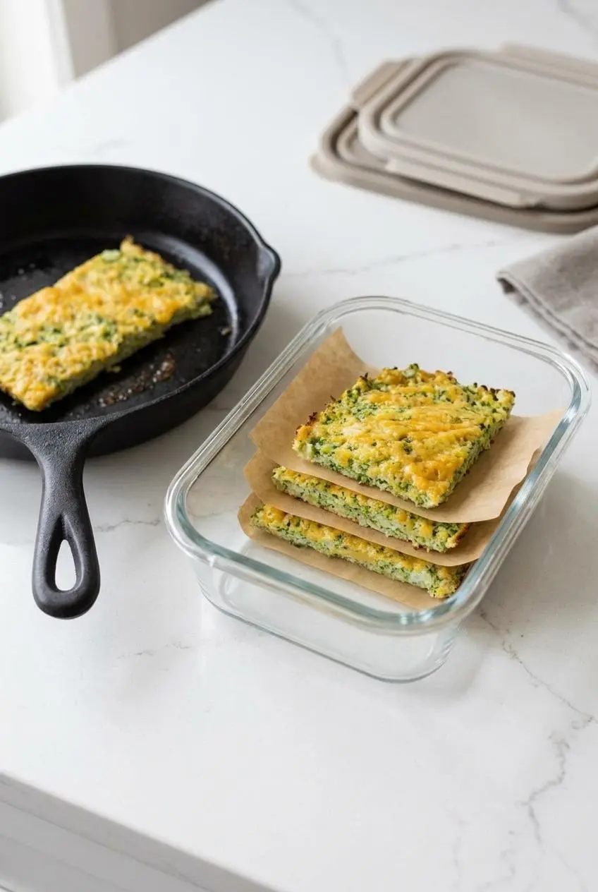 Keto broccoli bread slices stacked with parchment paper in a glass container beside a warm skillet.