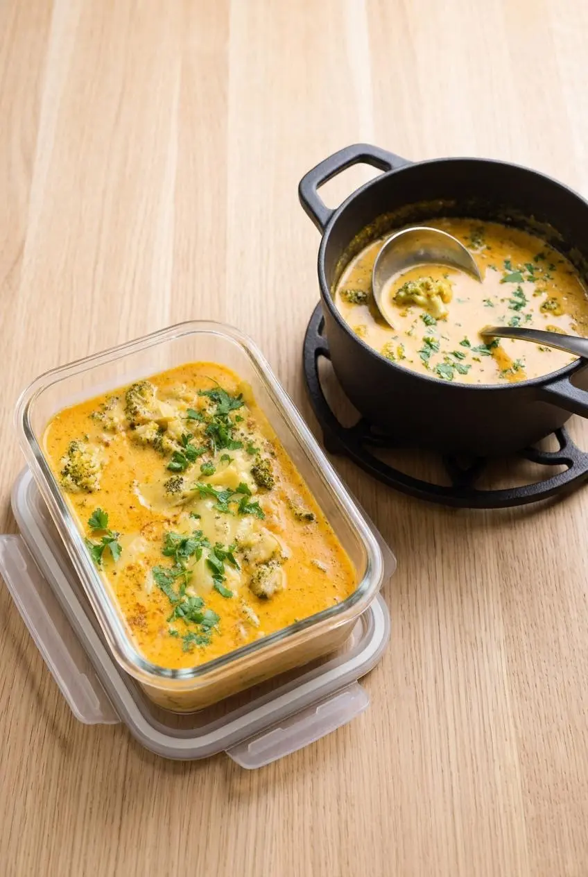 Chilled broccoli cheese soup in an airtight meal prep container next to a small saucepan for gentle reheating.