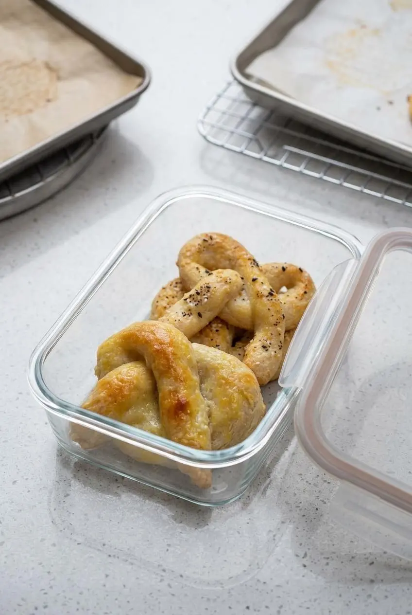 Cooled keto pretzels stored in a glass meal prep container next to a parchment-lined reheating tray.