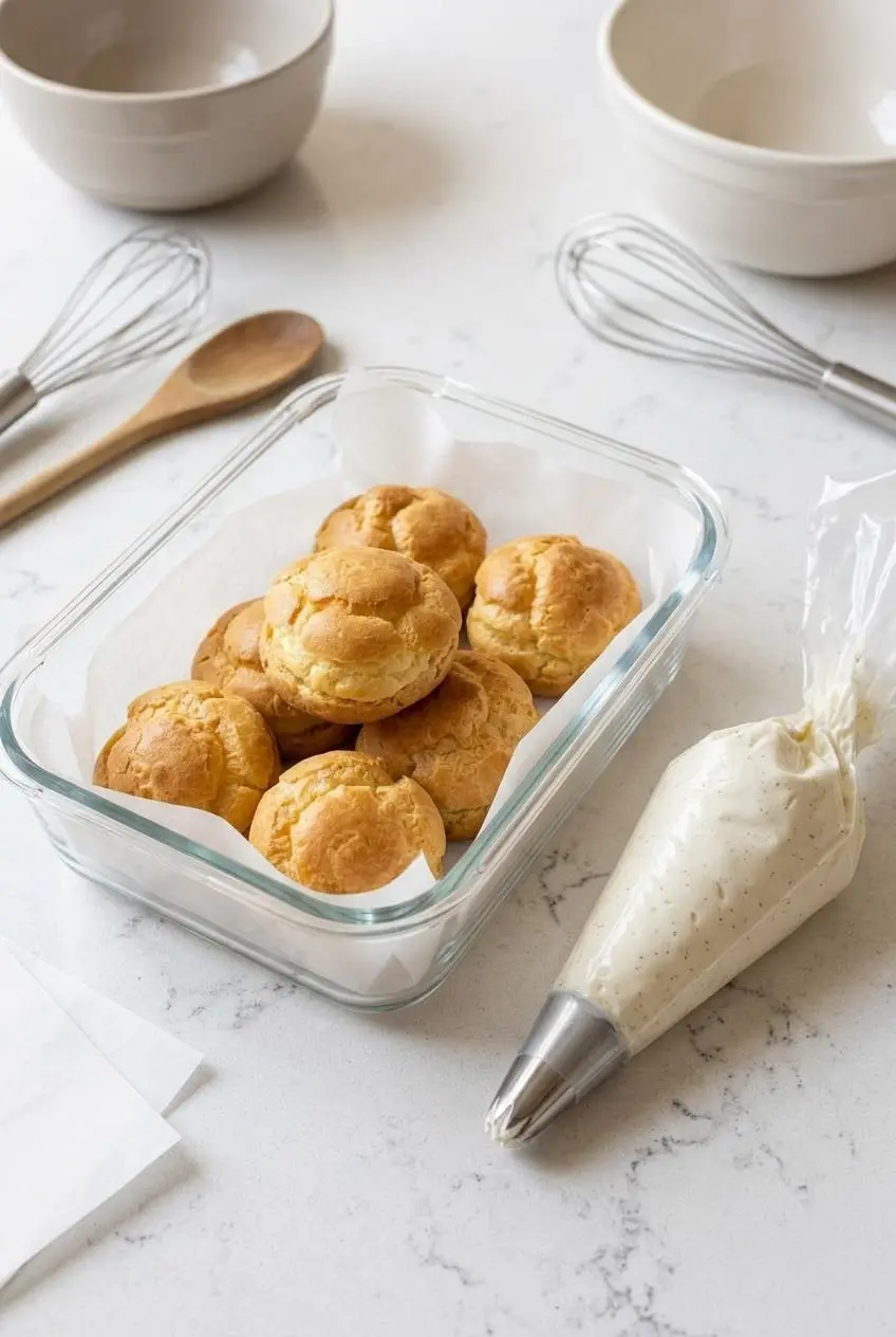 Unfilled keto cream puff shells in a glass container next to a prepared pastry bag of chilled cream.