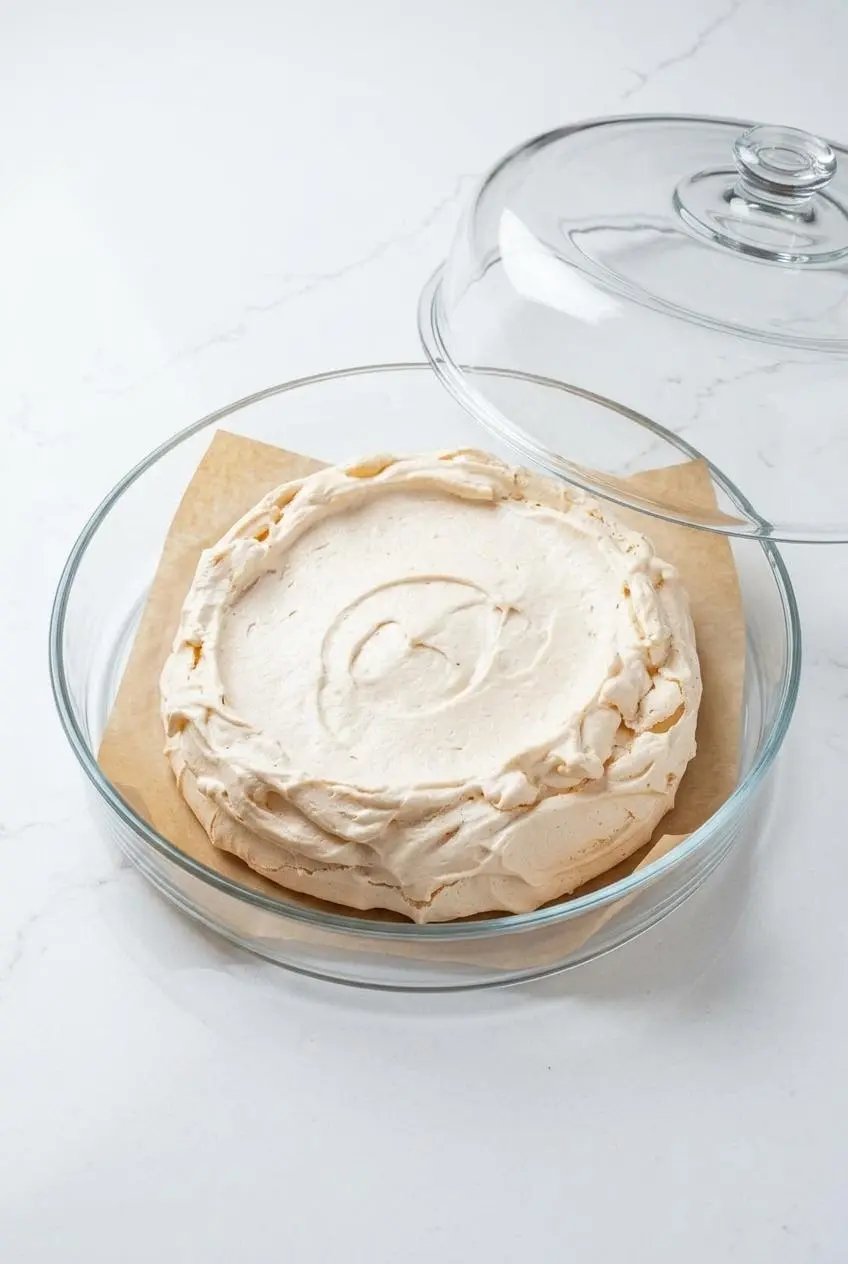 Plain baked keto pavlova shell cooling on parchment paper inside a clear glass container.