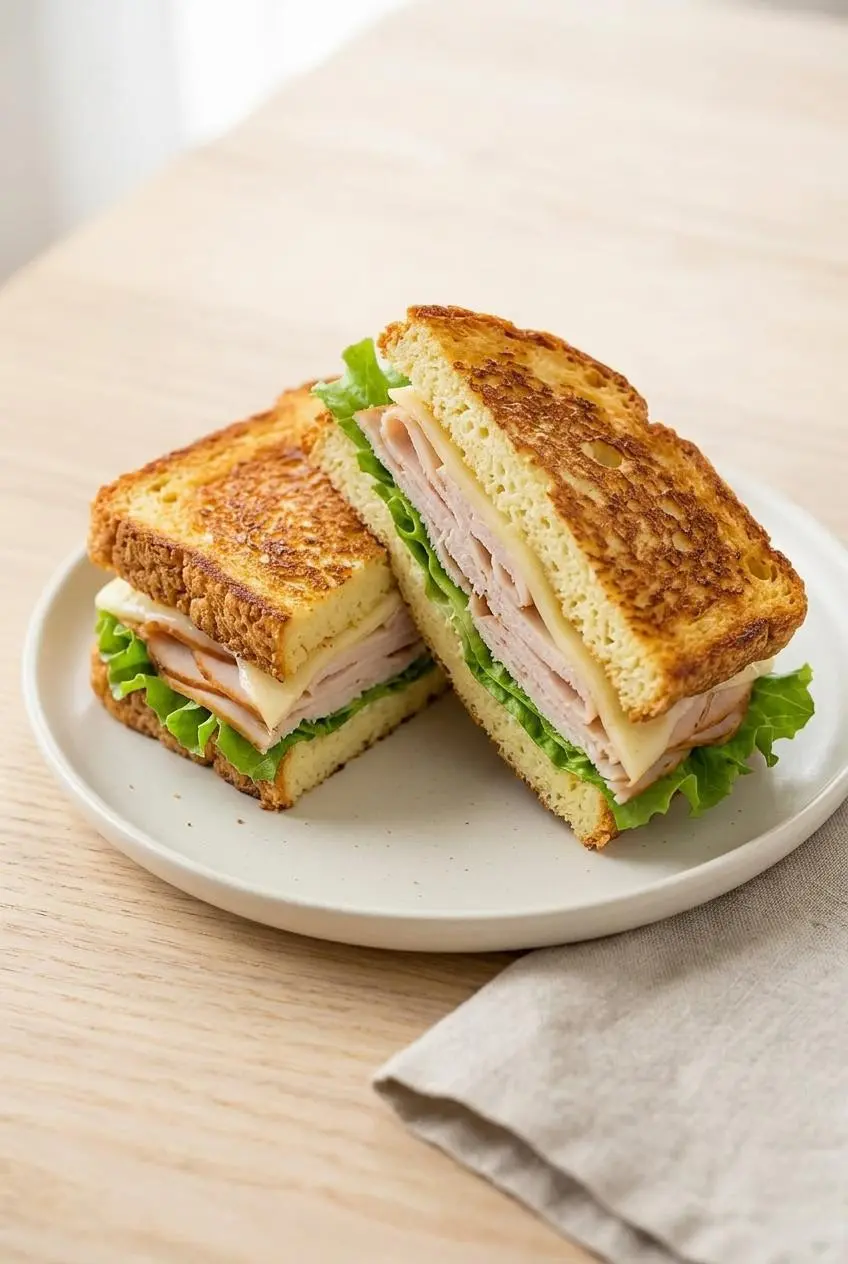 Toasted keto cauliflower bread deli sandwich with sliced turkey, cheese, and lettuce cut in half