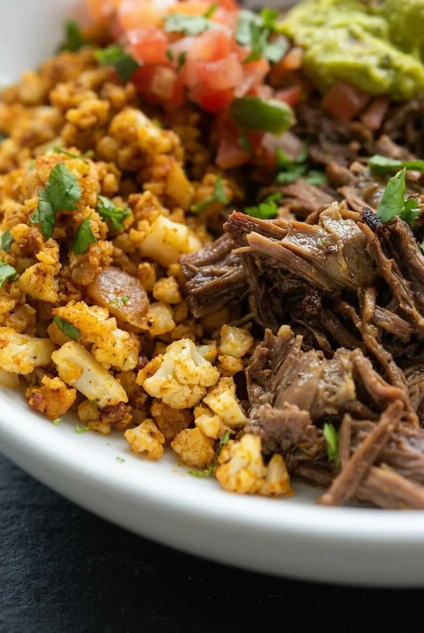 Close-up of toasted Mexican cauliflower rice grains under tender braised Mexican shredded beef fibers.