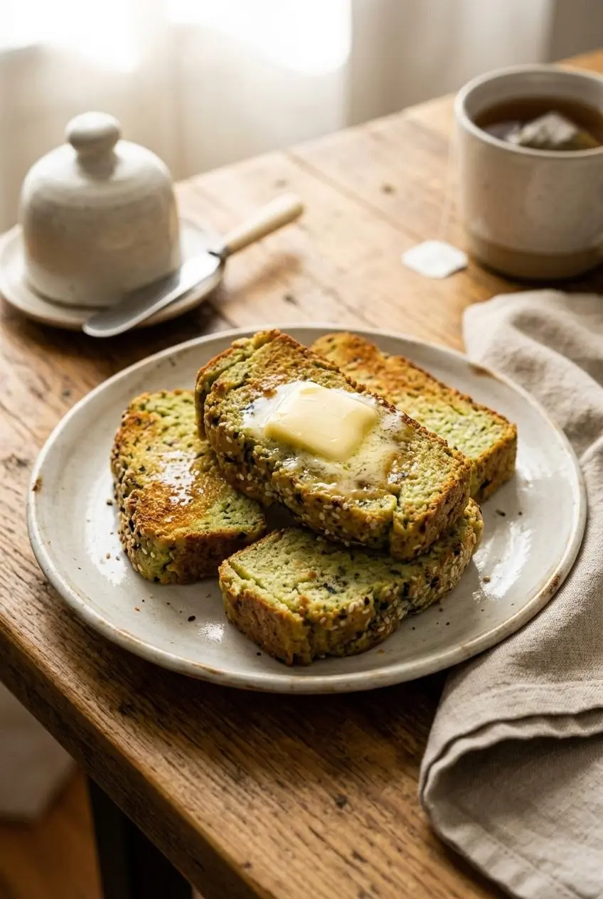 Toasted slices of avocado bread topped with melting butter on a ceramic plate.