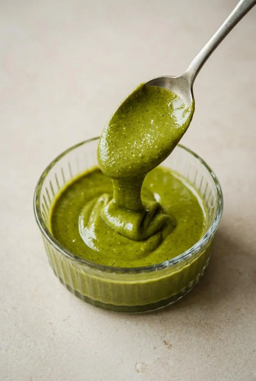 Spoon lifting silky smooth keto pistachio butter with a natural glossy sheen above a glass bowl.