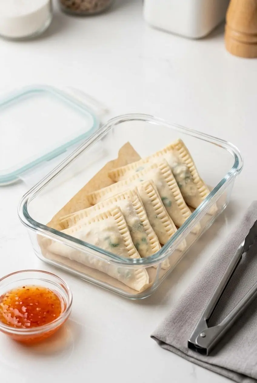Uncooked keto crab rangoon triangles folded in parchment-lined glass dish ready for chilled storage.