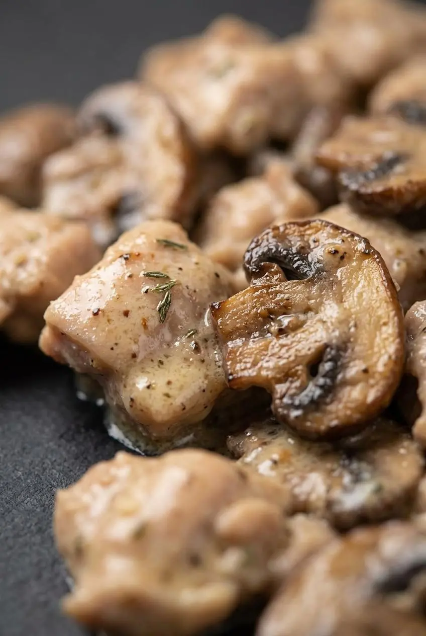 Close-up of smooth, velvety garlic cream sauce coating tender chicken and caramelized mushrooms.