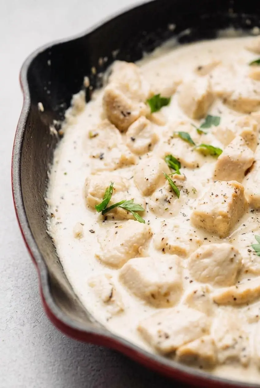 Macro shot of smooth, emulsified alfredo sauce clinging to golden seared chicken with herbs and black pepper.