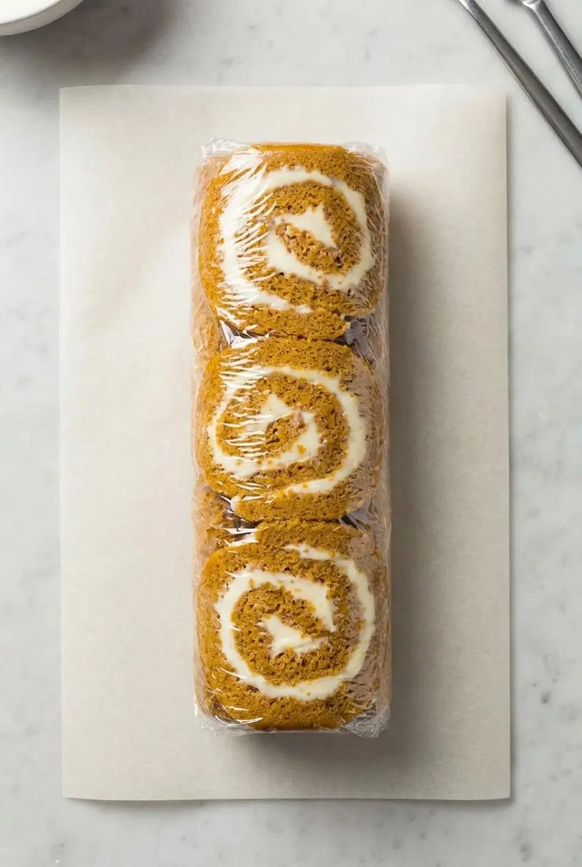 Assembled keto pumpkin roll wrapped tightly in plastic cling film resting on parchment paper.