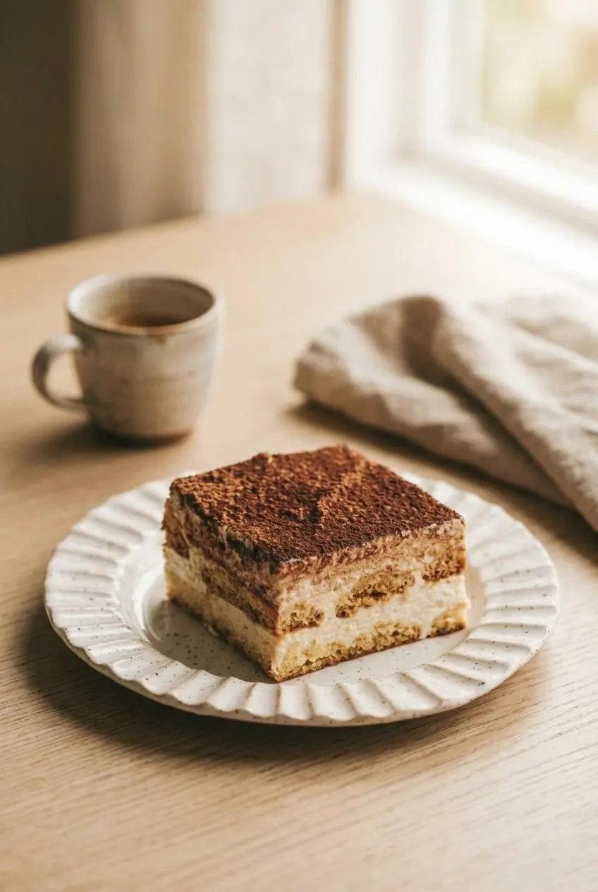Square slice of keto tiramisu on a ceramic plate beside an espresso cup and linen napkin on a wooden table.