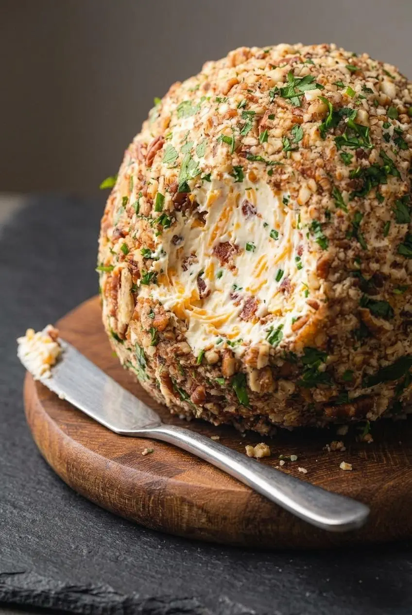 Close-up of a scooped bacon ranch cheese ball showing creamy cheddar filling, bacon bits, and pecan crust.