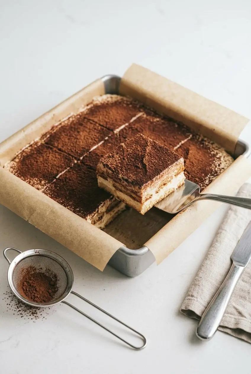 Square baking pan lined with parchment paper holding sliced keto tiramisu lifted with a metal pastry server.