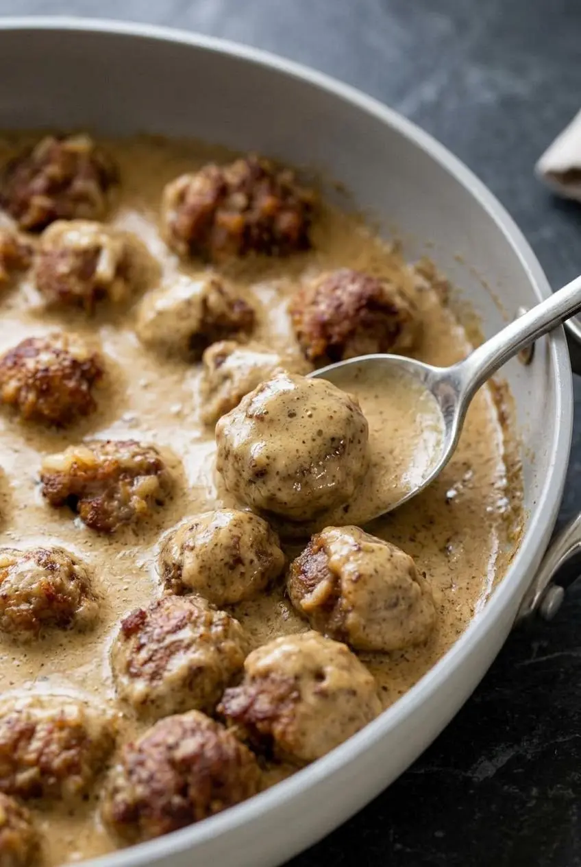 Velvety low carb pan gravy lifted with a spoon, showing a smooth sauce coating a tender meatball
