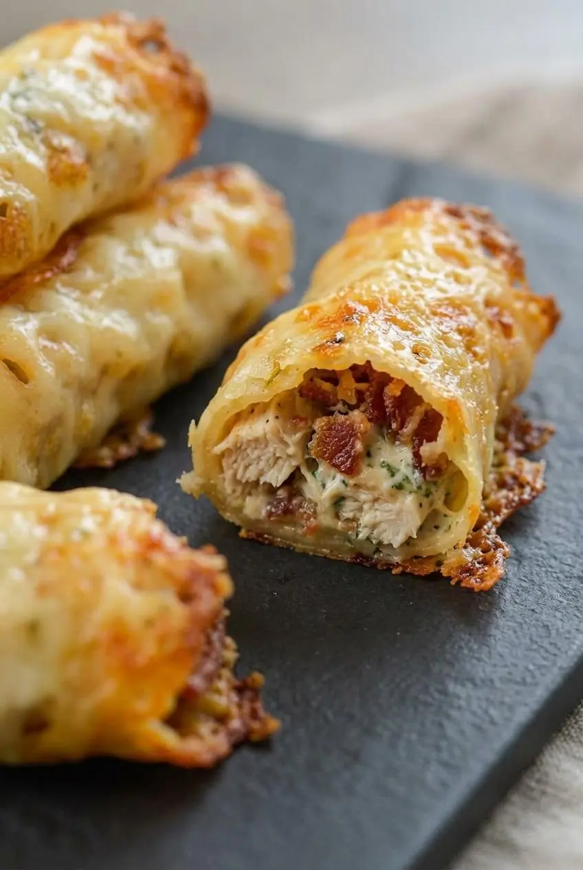 Macro cut view of baked mozzarella taquito showing blistered lacy edges and shredded chicken bacon ranch filling.