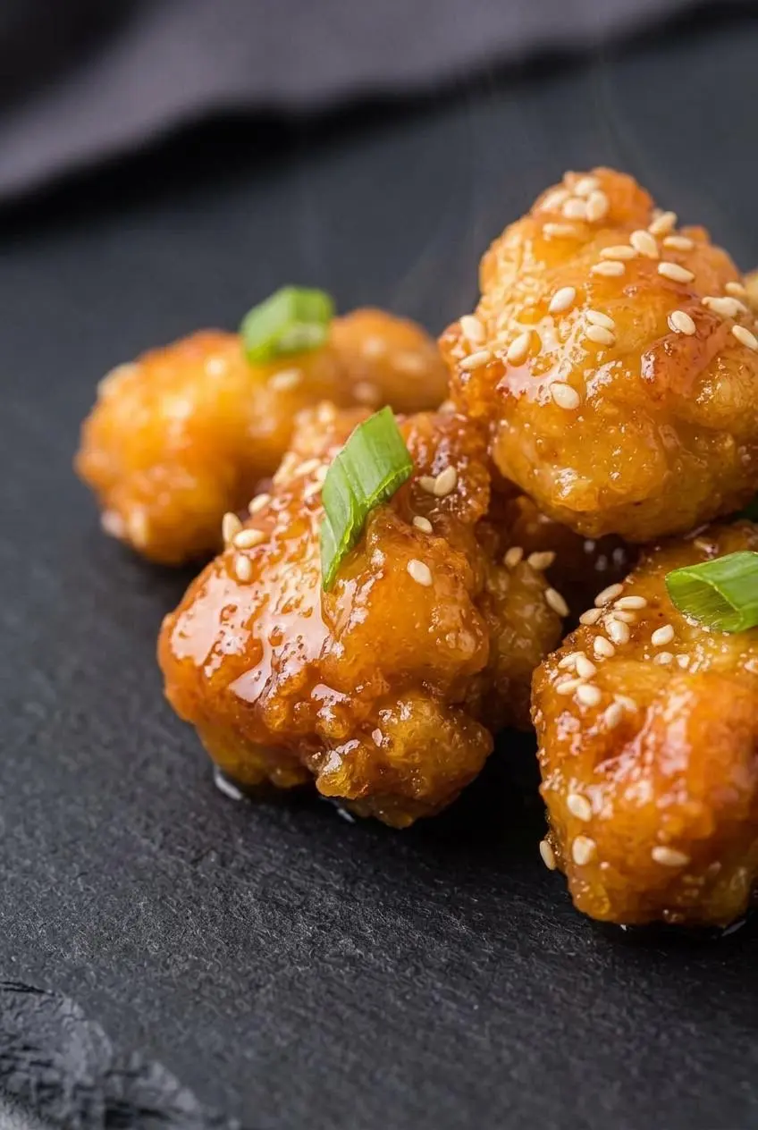 Close-up of keto orange chicken pieces showing bubbly fried whey crust and thick glaze
