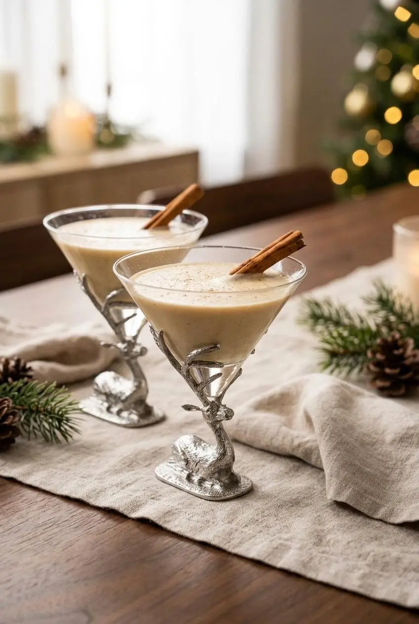 Two crystal glasses of chilled keto eggnog garnished with ground nutmeg and whole cinnamon sticks.