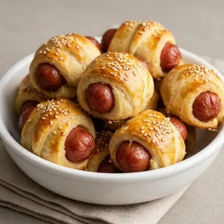Golden keto pigs in a blanket wrapped in sesame-topped almond flour and mozzarella cheese dough.