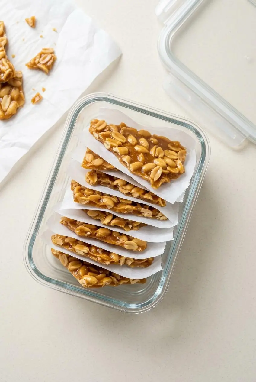 Overhead view of peanut brittle shards stacked in a clear glass airtight container with parchment paper between layers.