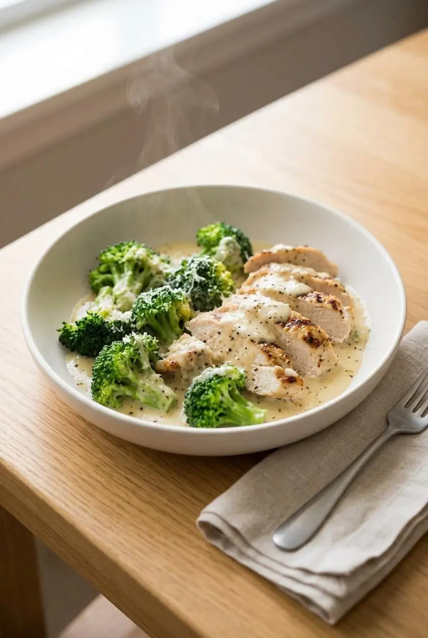 Sliced grilled chicken breast and steamed broccoli florets coated in warm low-carb alfredo sauce.
