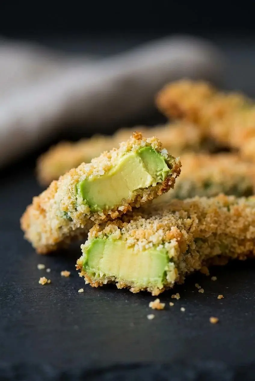 Broken keto avocado fry showing the crunchy golden crust and smooth green center.