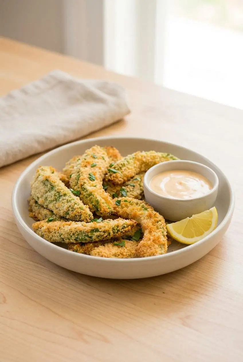 Keto avocado fries in a ceramic dish served with spicy mayonnaise dip and a lemon wedge.