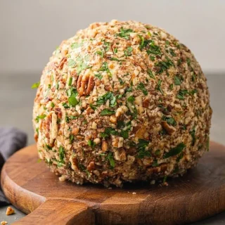 Keto bacon ranch cheese ball coated in crunchy chopped pecans and fresh green parsley on a serving plate.