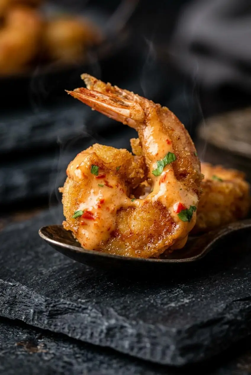 Close-up of keto bang bang shrimp showing the crisp almond flour crust and light sauce drizzle.
